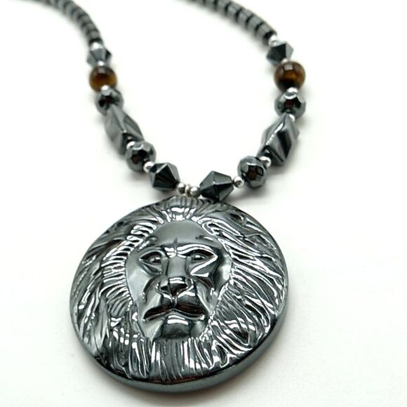 Men's/Unisex Hematite Beads & Lion's Head Pendant Necklace w/2 Cat's Eye Beads - Picture 10 of 14